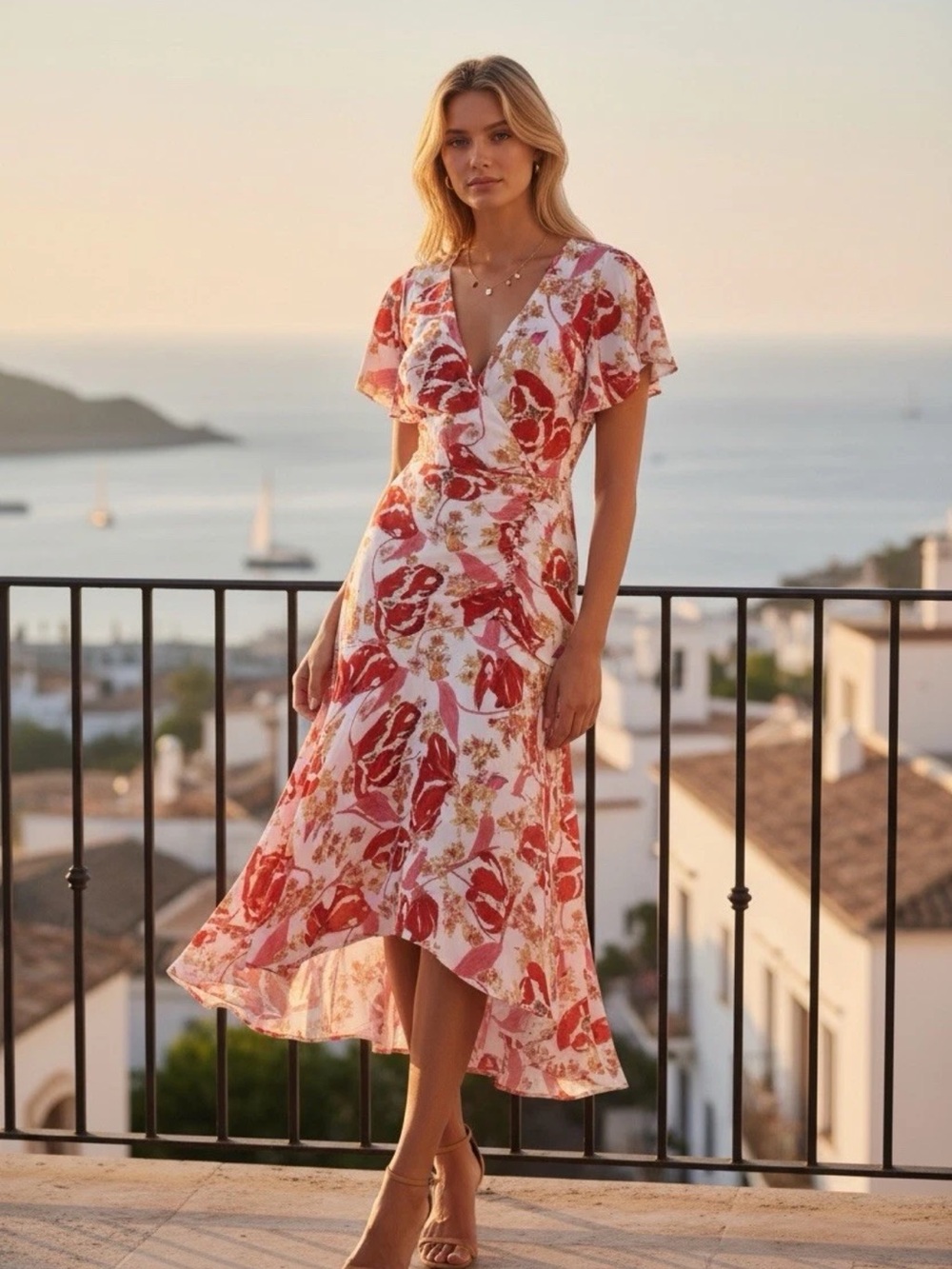 Parker Womens 4 Pink Red
Floral 100% Silk Dress Flutter
Sleeve Ruffle Maxi